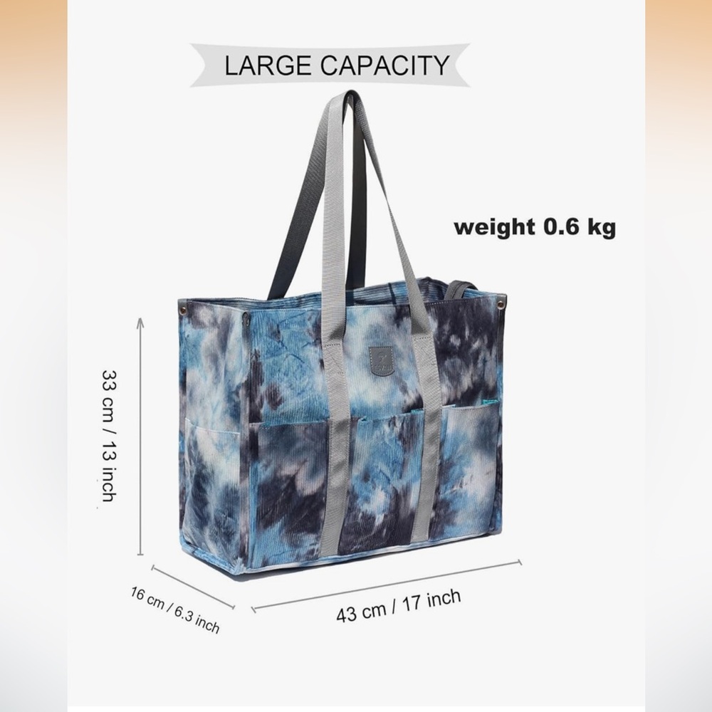 Corduroy Stylish Blue Tie-Dye Zipper Top Waterproof Sturdy Tote Bag - Picture 2 of 5